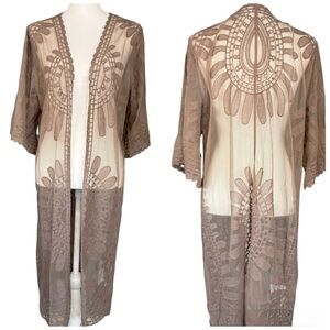 Rebellion Again Kimono Taupe Brown Crochet Lace Duster Coverup Boho Kimono L/XL